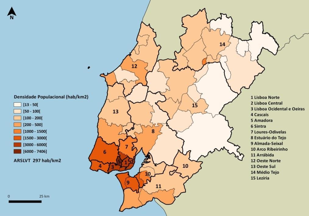MAPA 2 DENSIDADE POPULACIONAL NA ÁREA DE INFLUÊNCIA DOS ACES DA RLVT - 2015 Fonte: NEP/ARSLVT, IP (dados: INE, IP. Estimativas Provisórias Anuais da População Residente 2015 Consulta a 13.12.
