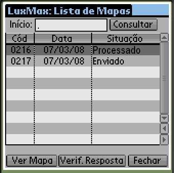 Na janela LuxMax: Lista de Mapas são exibidos os Mapas gravados no Palm.