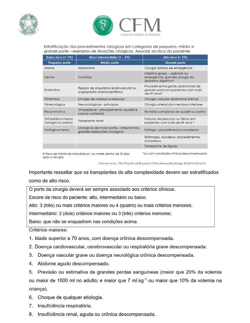 CONSELHO FEOERAL OE MEDICINA Estratificação dos procedimentos cirúrgicos em categorias de pequeno, médio e grande porte - exemplos de situações cirúrgicas. Associa r ao risco do paciente.