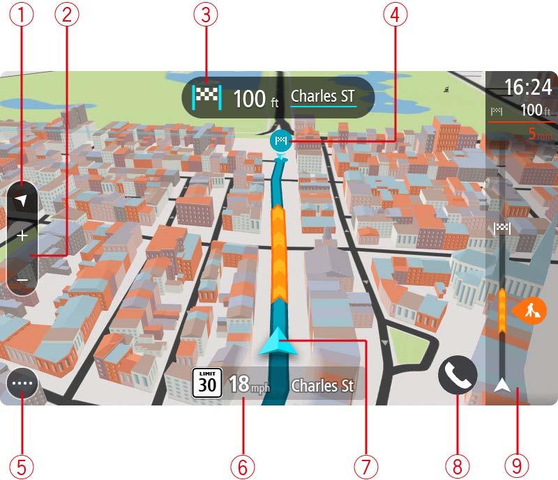 A vista de orientação geralmente é em 3D. Para exibir um mapa 2D com o mapa em movimento em sua direção de viagem, altere as configurações padrão 2D e 3D.
