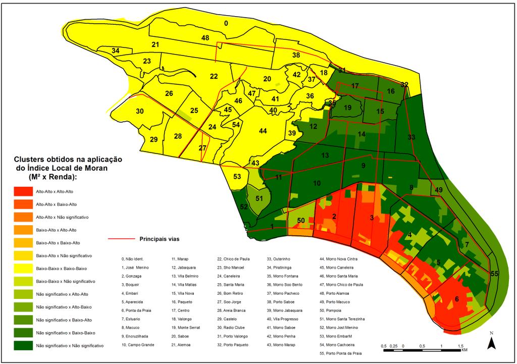 Figura 4: Sobreposição das categorizações do preço do metro quadrado do solo urbano e das rendas médias dos responsáveis por domicílios segundo o indicador de autocorrelação espacial local de Moran.