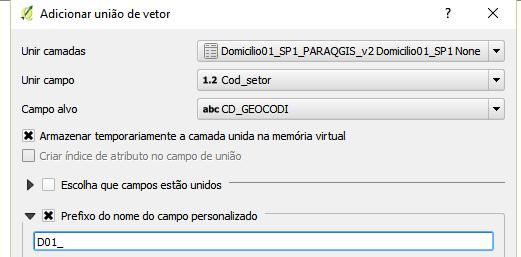 Procedimento padrão para junção de tabelas de atributos com shapefile 4. Em unir camadas selecione a tabela dos dados que deseja unir a base.