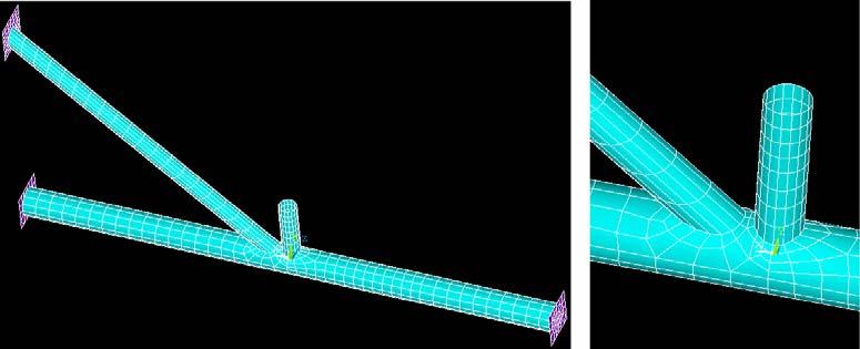 5 MODELAGEM NUMÉRICA Foi realizada no ANSYS 9. utilizando o elemento SHELL 181 para os tubos e SHELL 63 para as chapas de fixação, ver figura 6.