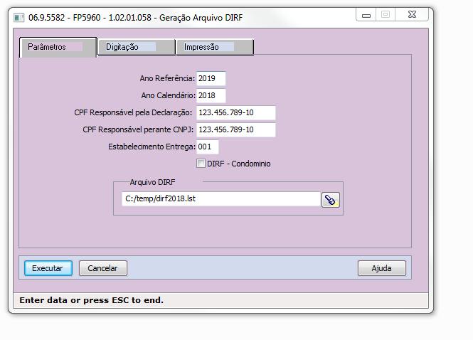 Estabelecimento Entrega: o código do estabelecimento para o qual foi informado o CPF Condomínio (FP0560) DIRF Condomínio: marcar somente para empresas que não possuem CNPJ.