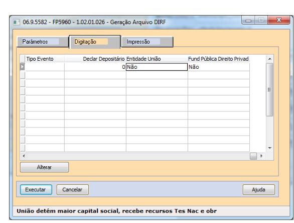 Janela Geração Arquivo DIRF - Pasta Digitação Obs.: Foi implementado na (ano calendário 2018) DECPF: Inseridos os campos Declarante Falecido, Data Óbito, Situação Espólio, CPF e Nome Inventariante.