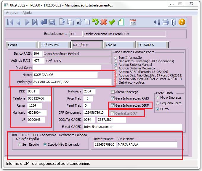 Campo Nome Endereço DDD Telefone Gera Informações DIRF CPF Condomínio Responsável pela emissão da RAIS/DIRF da empresa.
