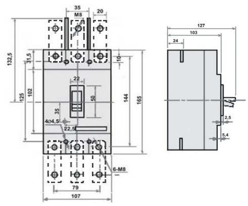 Medidas Dimensionais FM1-250L Disjuntores : FM1-250L-125 FM1-250L-140 FM1-250L-150