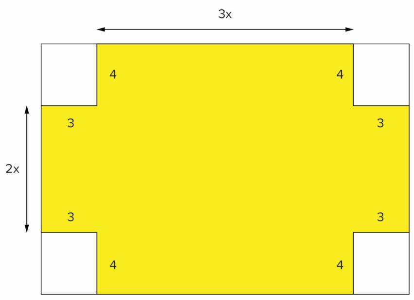 05 Determine o perímetro da região amarela representada a seguir. 06 Qual o valor numérico de x 3 {4x 2 x [ 2x + x 2 (5x 2 x) 8x] 5x 2 } para x = 1?