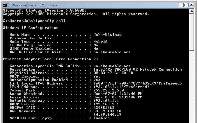 A janela "cmd.exe" abrirá. Digite ipconfig /all e pressione Enter. Qual é o endereço IP do computador? Qual é a máscara de sub-rede do computador? Qual é o gateway padrão do computador?