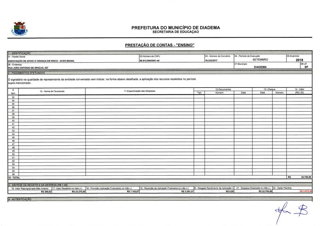 PREFEITURA DO MUNICÍPIO DE DIADEMA SECRETARIA DE EDUCAÇAO PRESTAÇÃO DE CONTAS - "ENSINO" 1 - IDENTIFICAÇÃO 01 - Razão Social ASSOCLAÇA0 DE APOIO A CRIANÇA EM RISCO - ACER BRASIL 06 - Endereço RUA