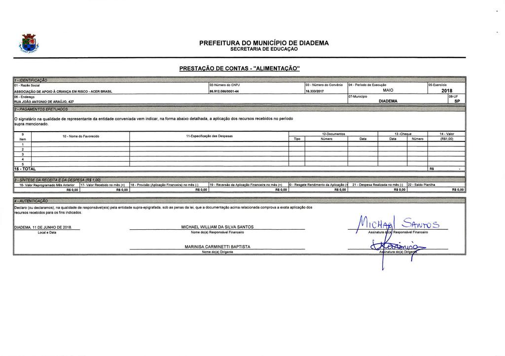 PREFEITURA DO MUNICIPIO DE DIADEMA SECRETARIA DE EDUCAÇAO PRESTAÇÃO DE CONTAS - "ALIMENTAÇÃO" 1 - IDENTIFICAÇÃO 01 - Ração Social ASSOCIAÇÃO DE APOIO À CRIANÇA EM RISCO - ACER BRASIL 06 - Endereço