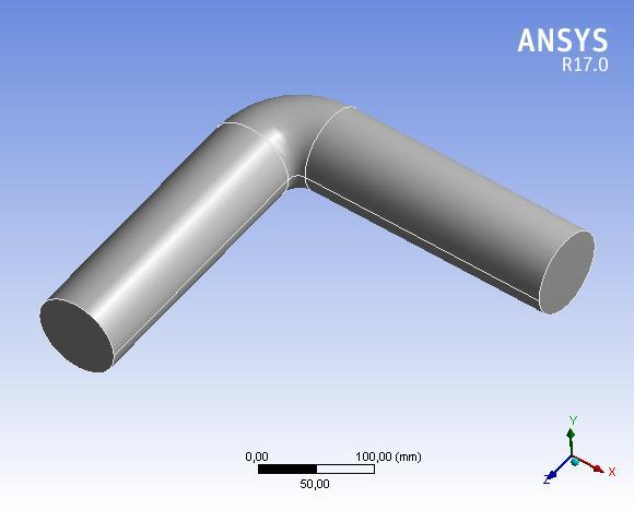 FIGURA 01: Representação de uma curva com ângulo de 90º no software ANSYS. FIGURA 02: Estrutura da malha gerada na tubulação curva. O fluido utilizado na simulação foi a água.