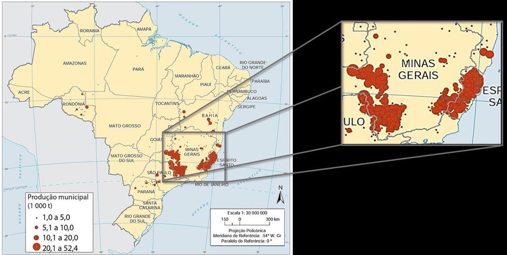 Figura 1: Mapa da produção cafeeira (em toneladas) por município em 2013 Fonte: adaptado de IBGE, 2013. In: http://atlasescolar.ibge.gov.br/images/atlas/mapas_brasil/brasil_cafe.