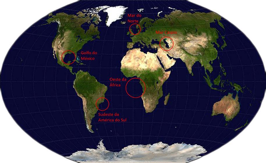 Figura 7: Localizações onde o 4D é mais utilizado atualmente. (Baseado em Jack, 2017) O primeiro projeto de sísmica 4D no Brasil foi realizado na Bacia de Campos, pela Petrobras.