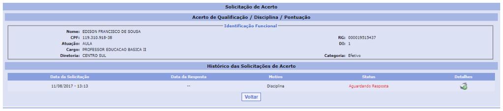 A Diretoria irá analisar o pedido de acerto e poderá Deferir ou indeferir.