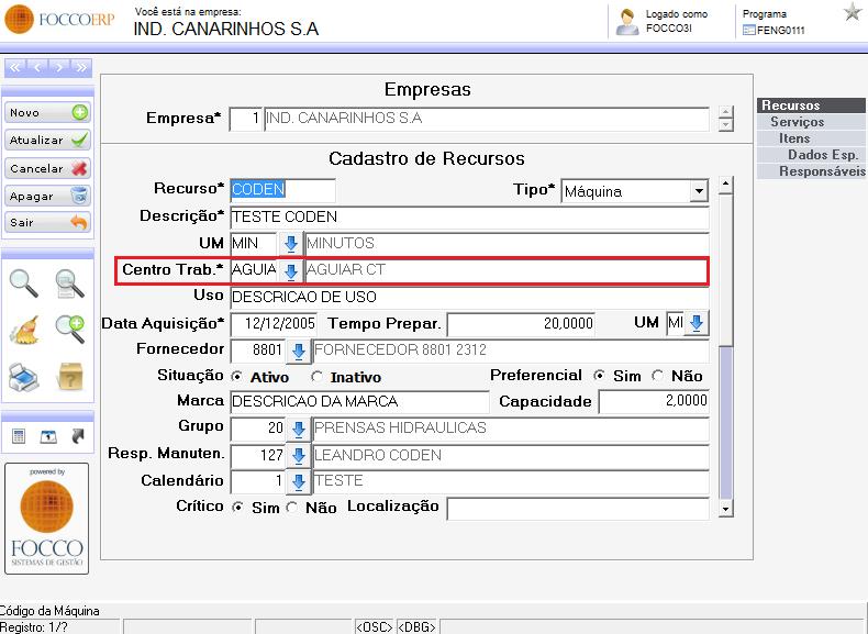 Este cadastro tem como principal função cadastrar um novo recurso (máquina), um