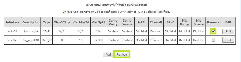 Ao final a tela WAN Service é apresentada novamente. Por padrão a veip0.1 vem cadastrada no equipamento, porém como não a utilizaremos nesta configuração deve-se excluí-la.