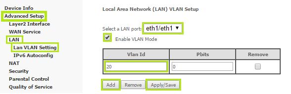 Para isso acesse o menu advanced setup, clique em LAN e na sequencia em Lan VLAN Setting.