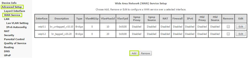 O primeiro passo é criar uma nova WAN. Para isso clique em Advanced Setup, WAN Service, e então em ADD.