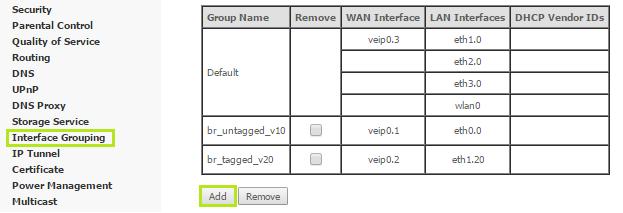 1 Apontar porta ethernet 3 e WiFi para WAN correta (Interface Grouping) É necessário agora vincular a operação da porta LAN 3 e o WiFi