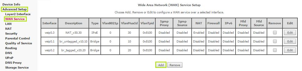 O primeiro passo é criar uma nova WAN. Para isso clique em Advanced Setup, WAN Service, e então em ADD.