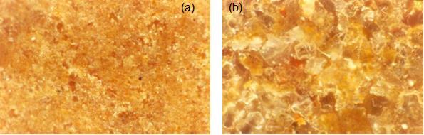 Na Figura 9(b), nota-se que a fração silte tratada a 300 ºC apresenta cor tendente a se avermelhar e há um aumento no tamanho dos grãos. Figura 9. Fração silte (a) crua e (b) queimada a 300 ºC.