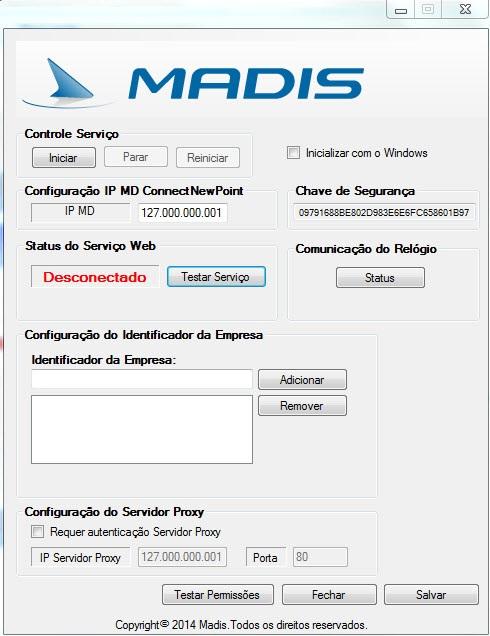 6. Configurando o software Ao acessar o software, será apresentada a tela: Esta tela será utilizada para configurar software e efetuar o controle do serviço de comunicação com os equipamentos.