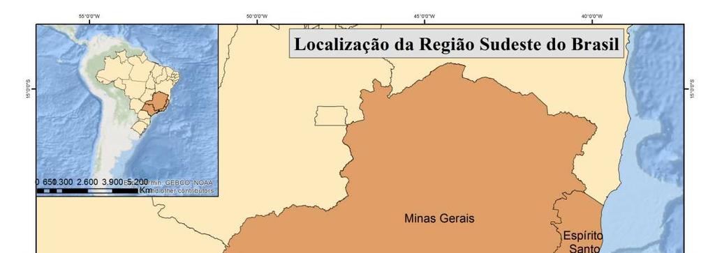 Mapa 1- Localização da área de estudo - Região Sudeste do Brasil Fonte: Elaboração própria.