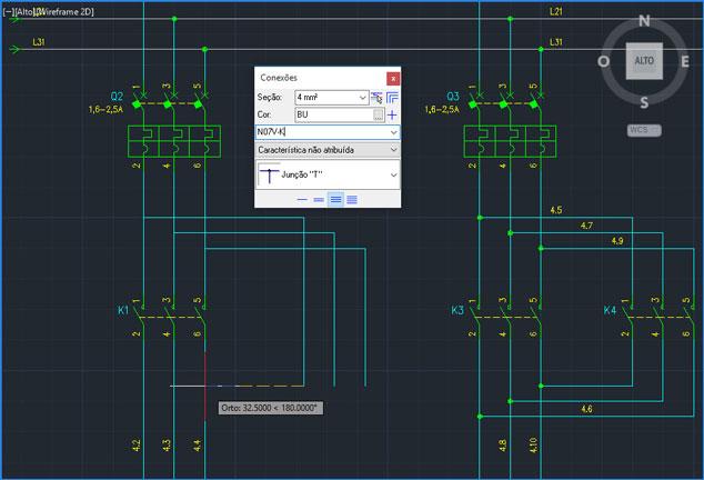 Melhorias nas funções de desenho do fio e ligações automáticas nos fios existentes Com o novo comando Fio, durante o desenho da linha elétrica de uma a quatro fases, ao selecionar um ponto