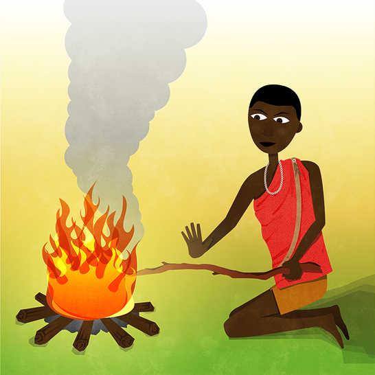 Então Gingile colocou sua lança de caça embaixo da árvore, recolheu alguns galhos secos e fez uma fogueirinha.