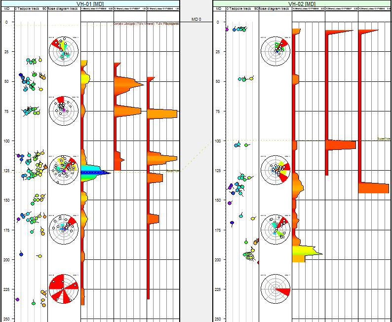 Modelo Estrutural 76 Figura 4.30 Registros das intensidades de fraturas para cada família de fraturas para as sondagens VH-01 e VH-02.