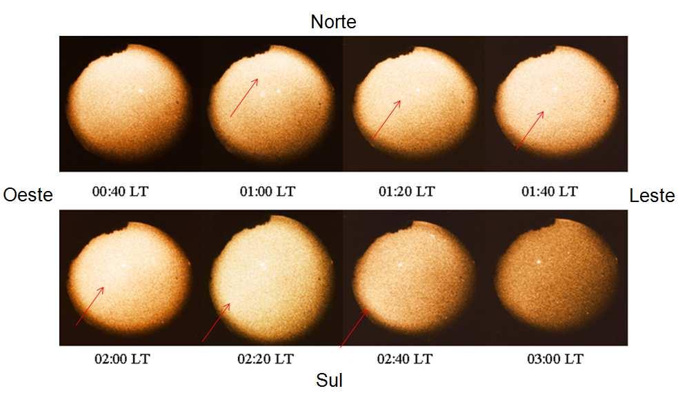 6.3.3 - Análise da noite de 25-26 de agosto de 1998 Uma seqüência de imagens all-sky da emissão OI 630,0 nm da noite de 25-26 de agosto de 1998, com presença de Banda Clara é apresentada na Figura 6.