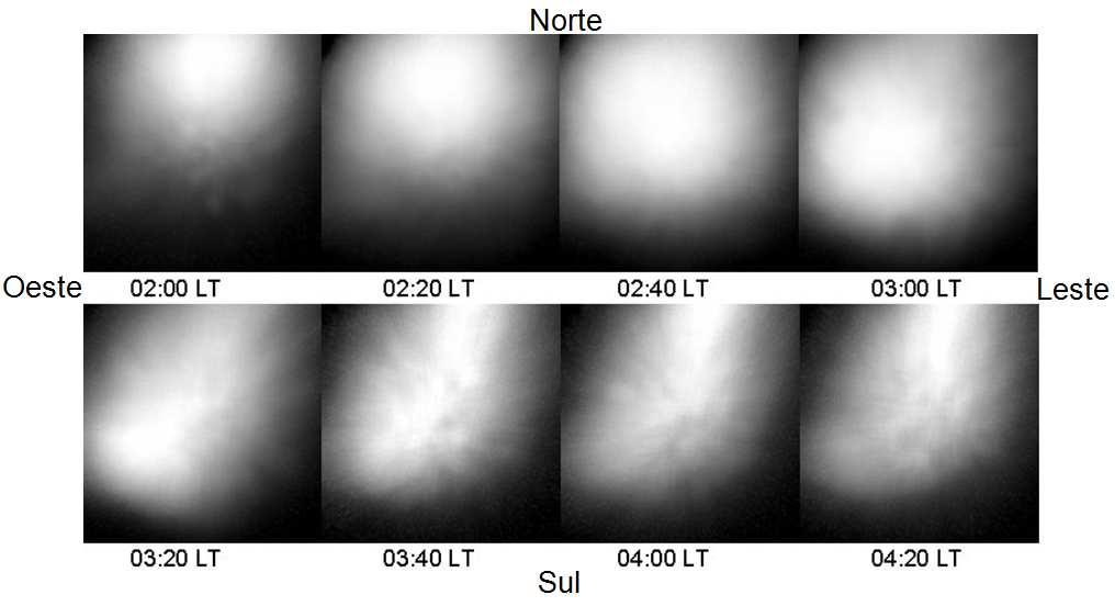 estrelas. A Figura 5.9 apresenta uma seqüência de imagens em nível de cinza, que foram linearizadas e que tiveram as estrelas removidas. Figura 5.9: Seqüência de imagens linearizadas e em nível de cinza da noite de 04-05 de setembro de 1997.