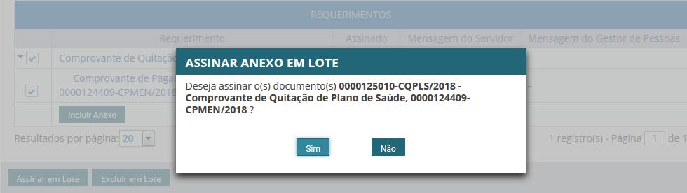 Passo 20 Na janela seguinte, confirme que deseja assinar os documentos selecionados. Janela de confirmação de assinatura em lote.