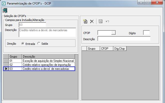Se houver parametrização apenas de CFOP s o código será gerado através das informações das notas fiscais de entradas e não por ajuste.
