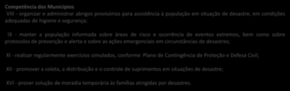 de desastre e nas demais ações de prevenção, mitigação, preparação, resposta e recuperação Competência dos Estados VIII - apoiar, sempre que necessário, os Municípios no levantamento das áreas de