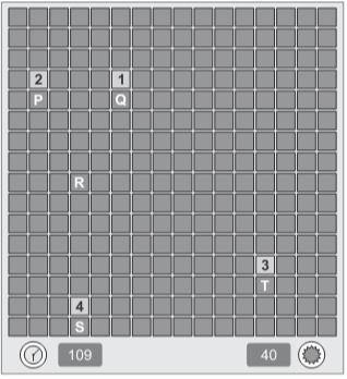 Em sua próxima jogada, o jogador deve escolher dentre os quadrados marcados com as letras P, Q, R, S e T um para abrir, sendo que deve escolher aquele com a menor probabilidade de conter uma mina.