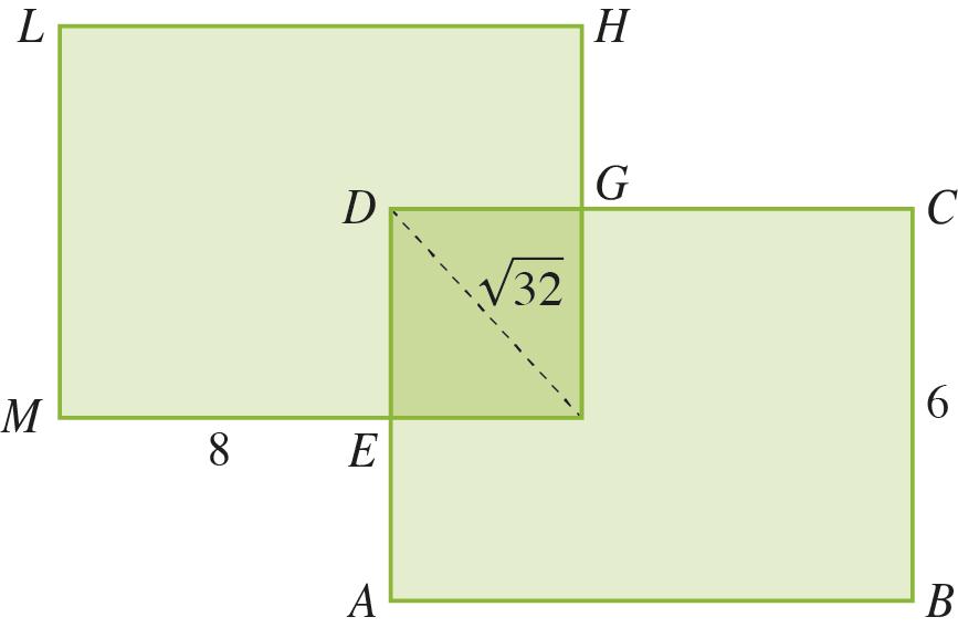 Na figura estão representados dois retângulos iguais, [ABCD] e [FHLM]. A parte comum aos dois retângulo é o quadrado [DEFG].. MF = AB. BC = 6.