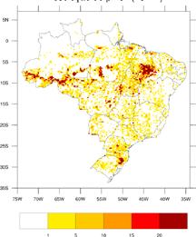 TO(-45%, 1300f); AM(-45%, 2600f); MT(-43%, 2650f); RO(-40%, 1980f) e MA(- 8%, 2830). Aumento da queimas no PI(+100%, 2500f) e ACI(+5%, 1400f). Mapa 1.3: Total de chuva em agosto/2018 Mapa 1.