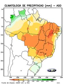 O valor da chuva no Brasil central na média, não ultrapassa 25 mm/mês, e essa configuração, favorece a atividade de queimadas que começa a se estabelecer no Brasil central (Figura da esquerda).