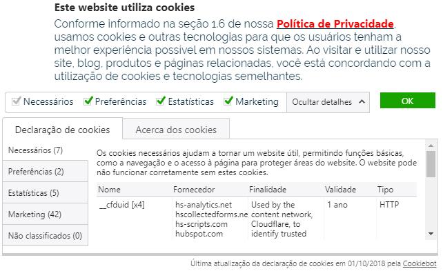 Ajustes de coleta de cookies nos sites e blogs da organização Atualização da Política de