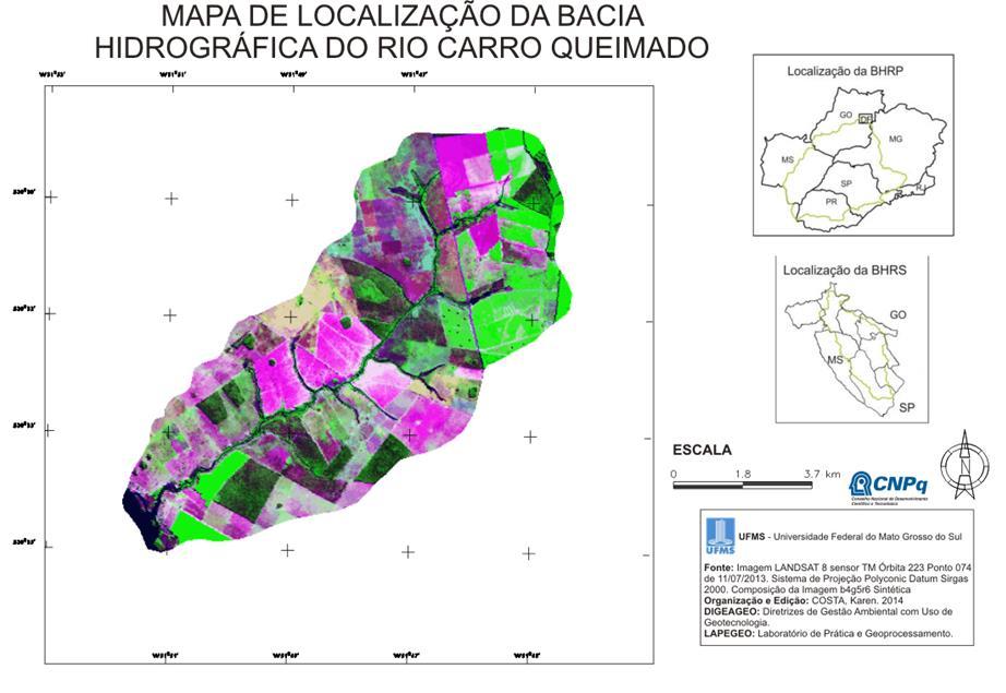 Figura 02: Mapa de Localização da Bacia Hidrográfica do Rio Carro Queimado 2014-2015 O auxílio da Geotecnologia como meio de análise e planejamento, se faz necessário na pesquisa para observar e