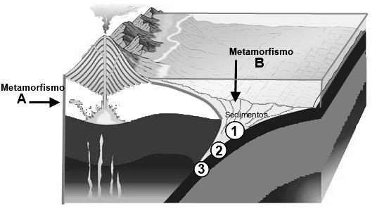 8. A figura ao lado mostra um corte da superfície terrestre na zona dos Andes. 8.1. Qual o nome do tipo de metamorfismo referenciado com a letra A? 8.2.