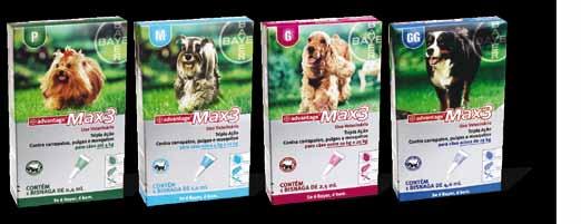 Advantage Max3 é indicado para cães no tratamento e controle das infestações por carrapatos, pulgas, mosquitos culicídeos,