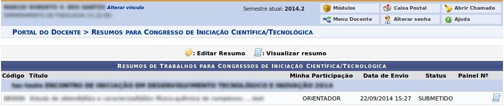 Resumos A lista com os resumos é exibida, o docente pode visualizar as informações básicas do resumo