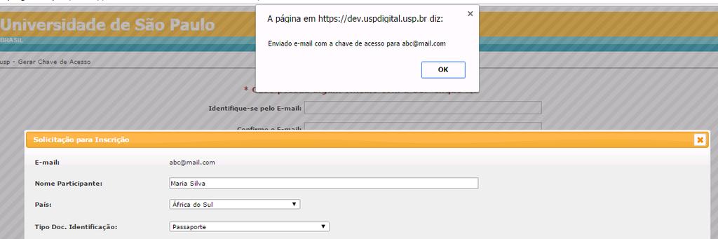 e) O sistema informará que um e-mail foi encaminhado com a chave de acesso.