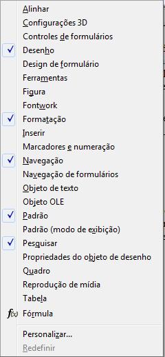 Menu Exibir Barras de ferramentas Esta opcao mostra as barras de ferramentas disponiveis