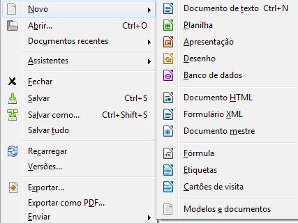 Menu Arquivo Criando um novo documento Se ja esta trabalhando com o LibreOffice
