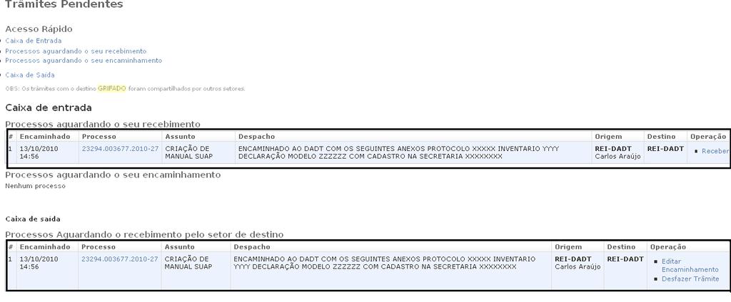 5.2.1. Caixa de entrada: Nesta área estão os processos encaminhados ao departamento; 5.2.2. Processos aguardando encaminhamento: Estão os processos que foram recebidos e aguardam tramitação; 5.2.3.