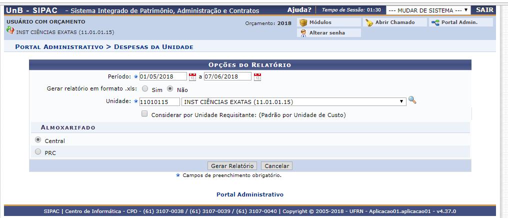 9. RELATÓRIO DE DESPESA COM Esta funcionalidade permite consultar os gastos da unidade em um determinado almoxarifado pertencente a Instituição, permitindo a análise e controle dos recursos.